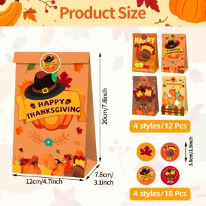 12 PCS Thanksgiving Gift Bags, Turkey Themed Paper Bags with 18 Stickers, Harvest Fall Goodie Bags Favors, Festive Pumpkin and Leaves Design, Treat Bags for Thanksgiving Day Autum Party Supplies