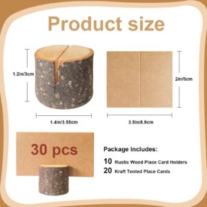 10 Pieces Rustic Wood Place Card Holders with 20 Kraft Tented Place Cards, Natural Log Table Number Stands Food Labels Dinner Decor for Weddings, Birthday, Thanksgiving Day, Christmas Party Supplies