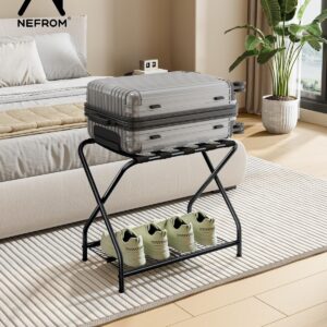 NEFROM Luggage Rack Pack of 2, Foldable Suitcase Stand with Storage Shelf, Metal Luggage Holder for Guest Room, Bedroom, Hotel LR-BK-2