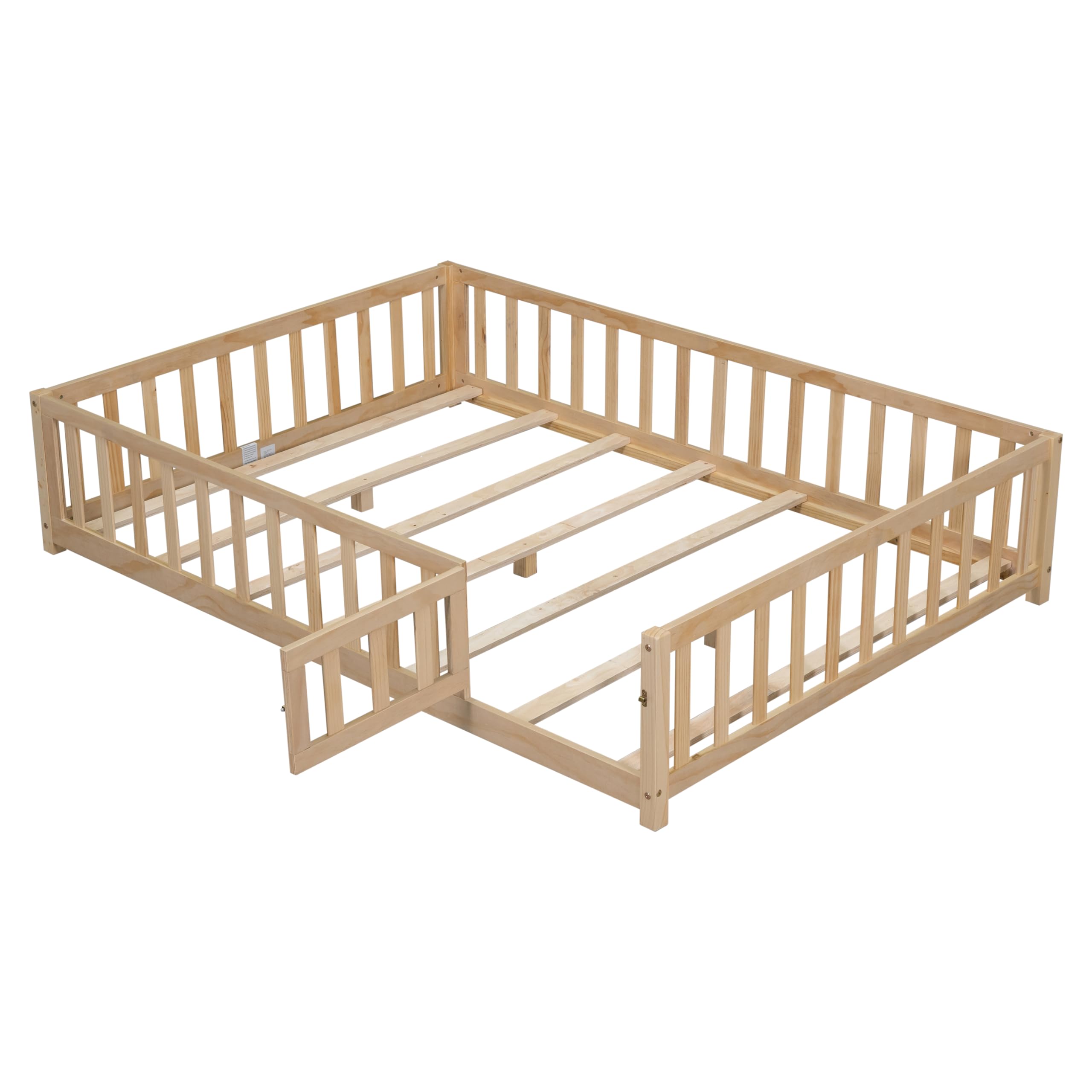 Bellemave Floor Bed Full Size Montessori Bed Frame with Fence and Door, Wooden Full Platform Bed for Kids, Boys Girls, Solid Wood Full Bed, No Box Spring Needed,Natural