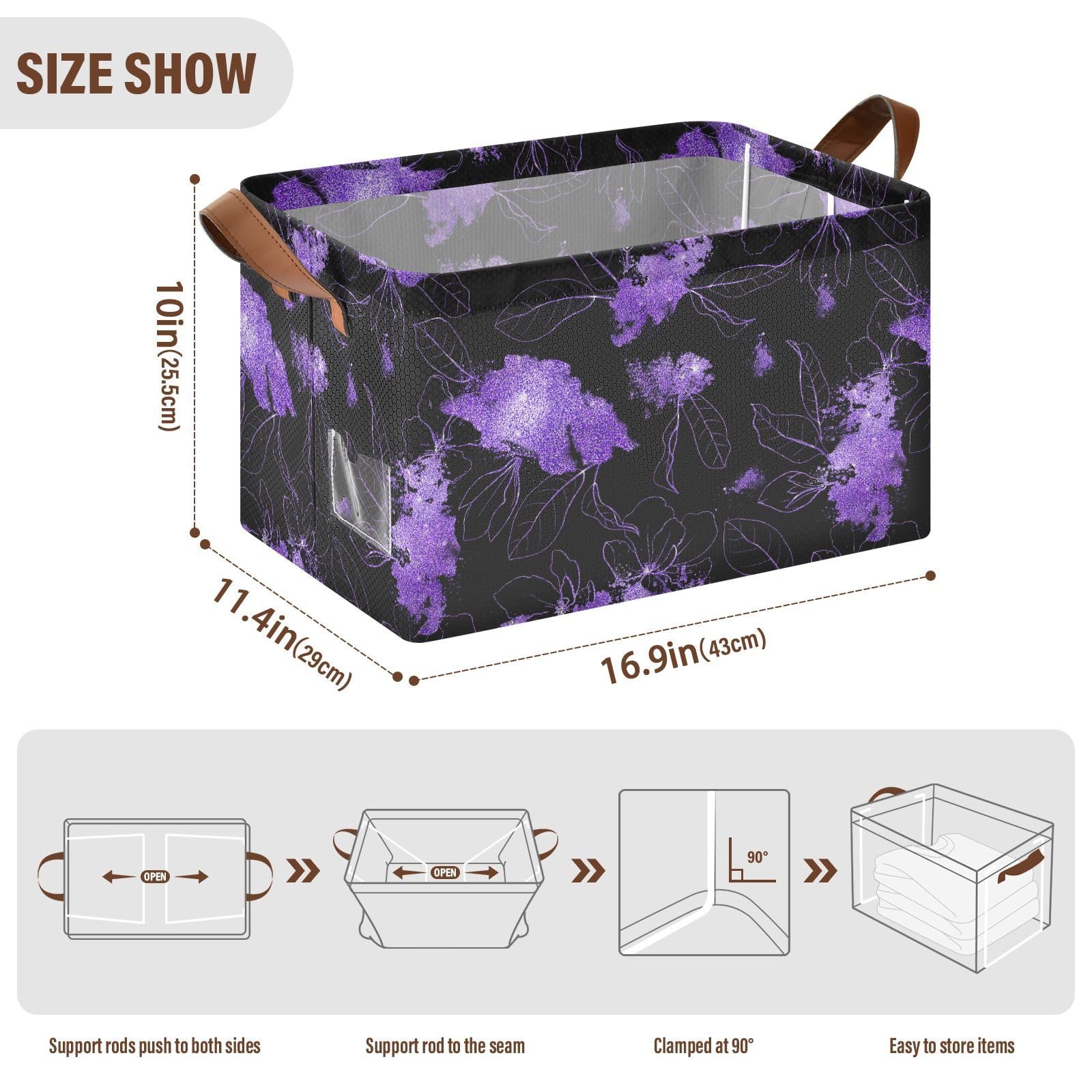 Foldable Storage Bins with Metal Frames Fabric Home Storage Baskets Containers Laundry Hampers Leaf Print(2pack,purple)