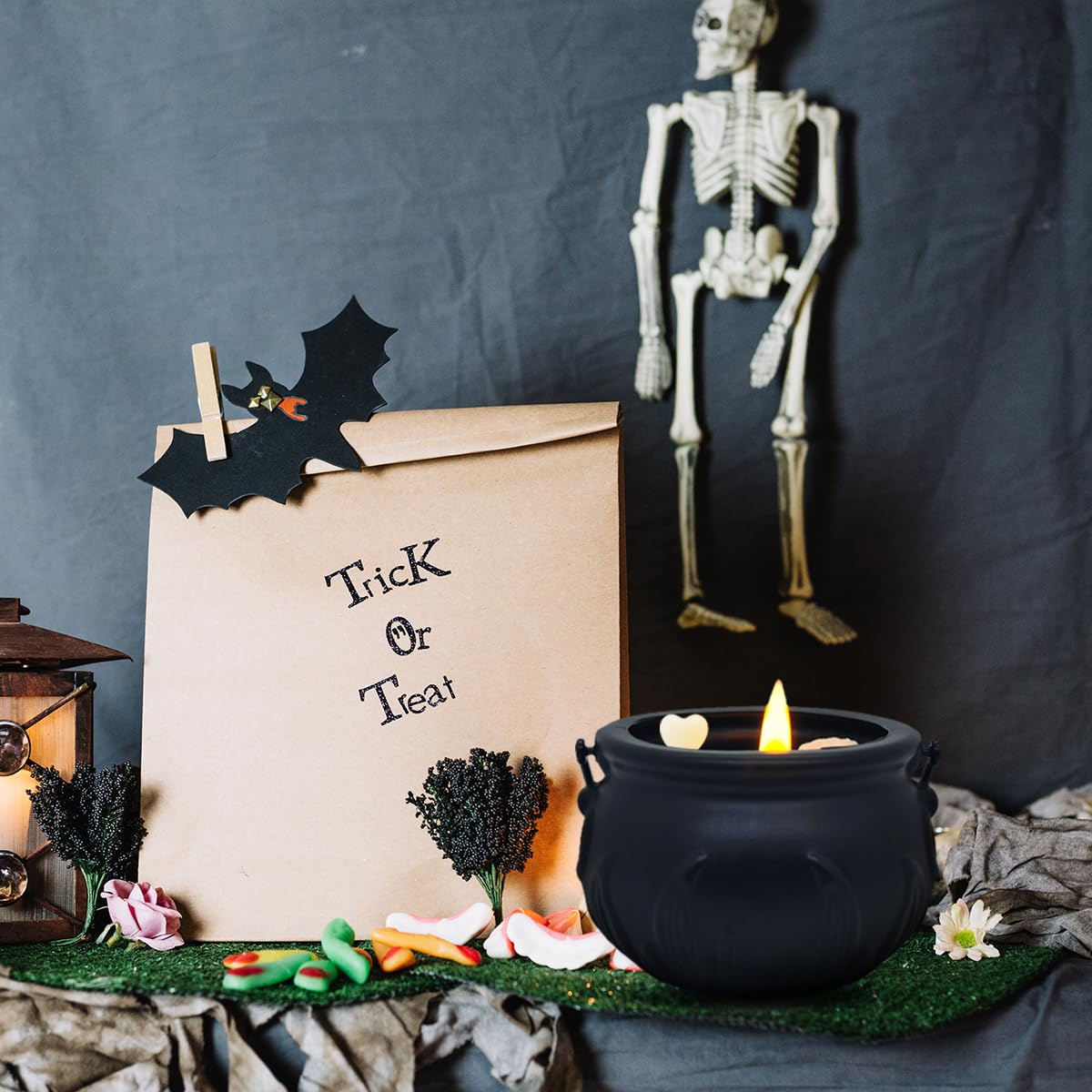 Halloween Witch Cauldron Candle with Skull and Bone Decorations – Pumpkin Scented Candle for Spooky Halloween Decor – Perfect for Parties and Haunted House Decorations