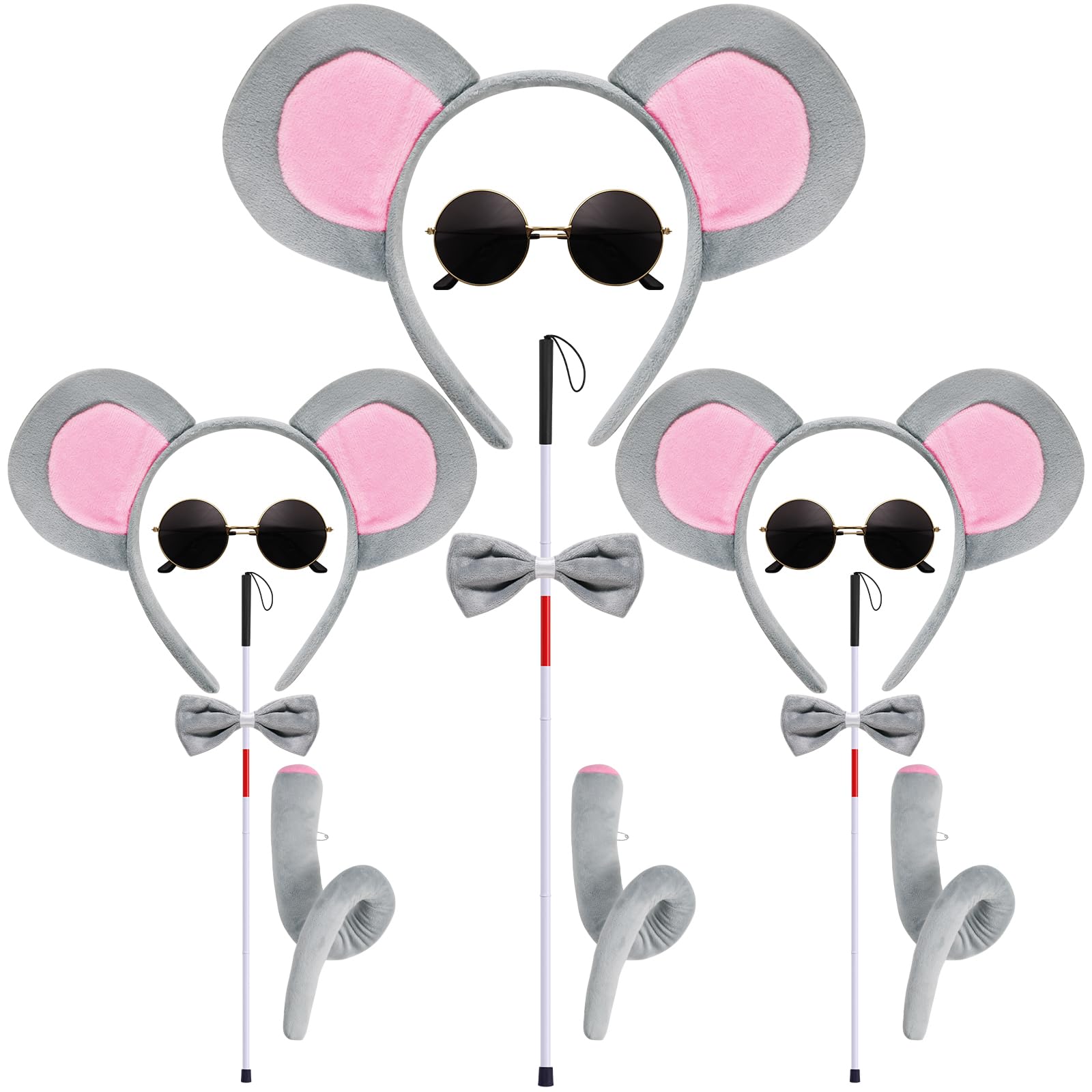 Mouse Costume Ears-Headband-Tail-Bow-Tie Accessories Set : 3 Pcs Standing Up Grey and Pink Ears Headband and Tail, Bow Tie Blind Cane Mouse Halloween Accessories Set - for Toddlers and Kids(Three Pcs)