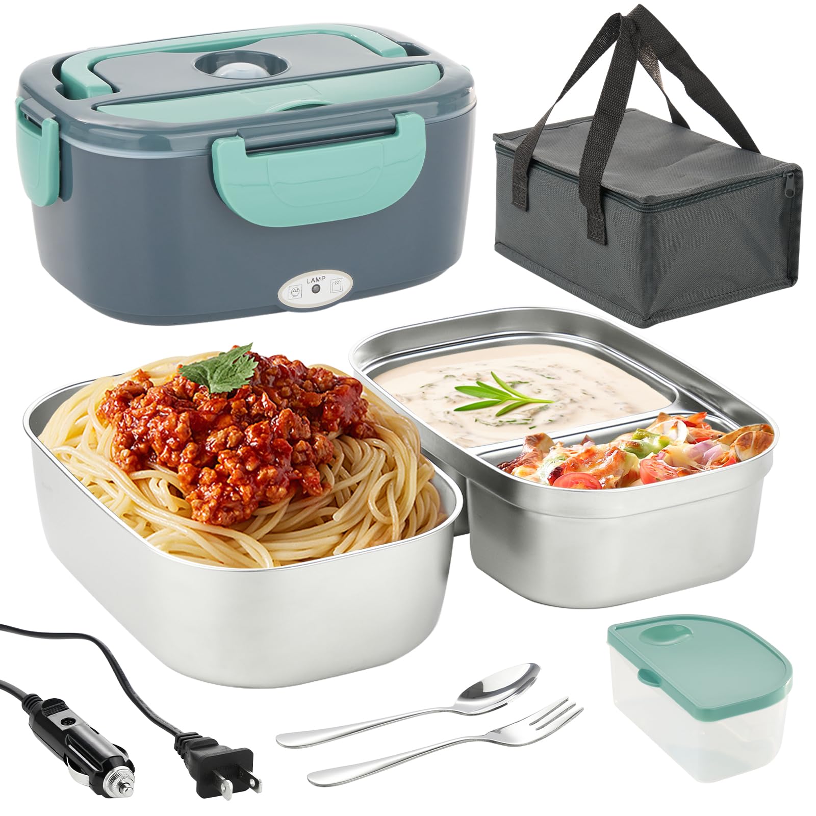 80W Faster Heated Lunch Box for Adults, Electric Lunch Box for Car/Truck/Office, with Dual 1.5L 304 Stainless Steel Food Containers, 0.45L PP Fruit/Snack Container, Fork & Spoon, Insulated Carry Bag