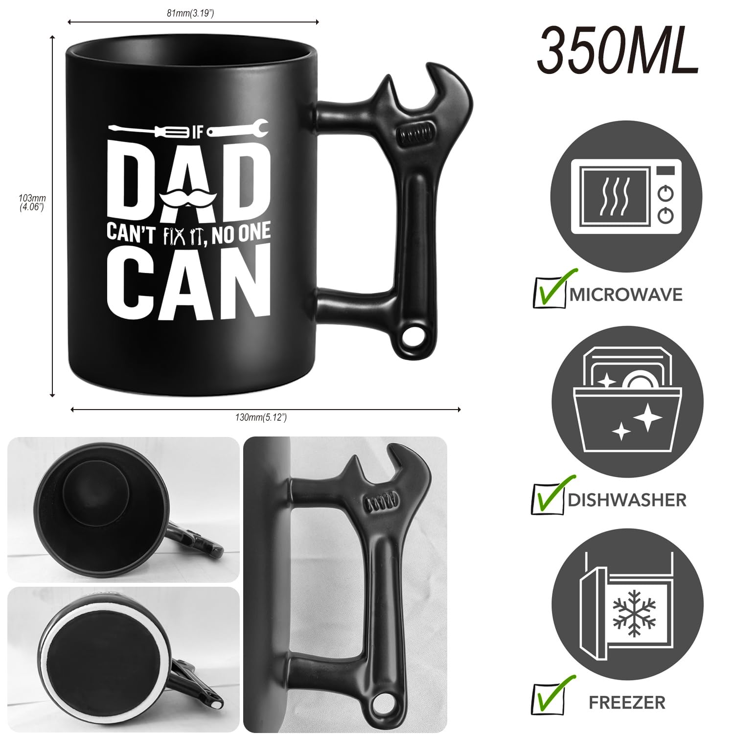 LOZACHE Dad Coffee Mug with Wrench Handle, Funny Dad Birthday Gifts from Daughter and Son for Father Papa Daddy Christmas, Father's Day, If Dad Can't Fix It NO one Can Cup