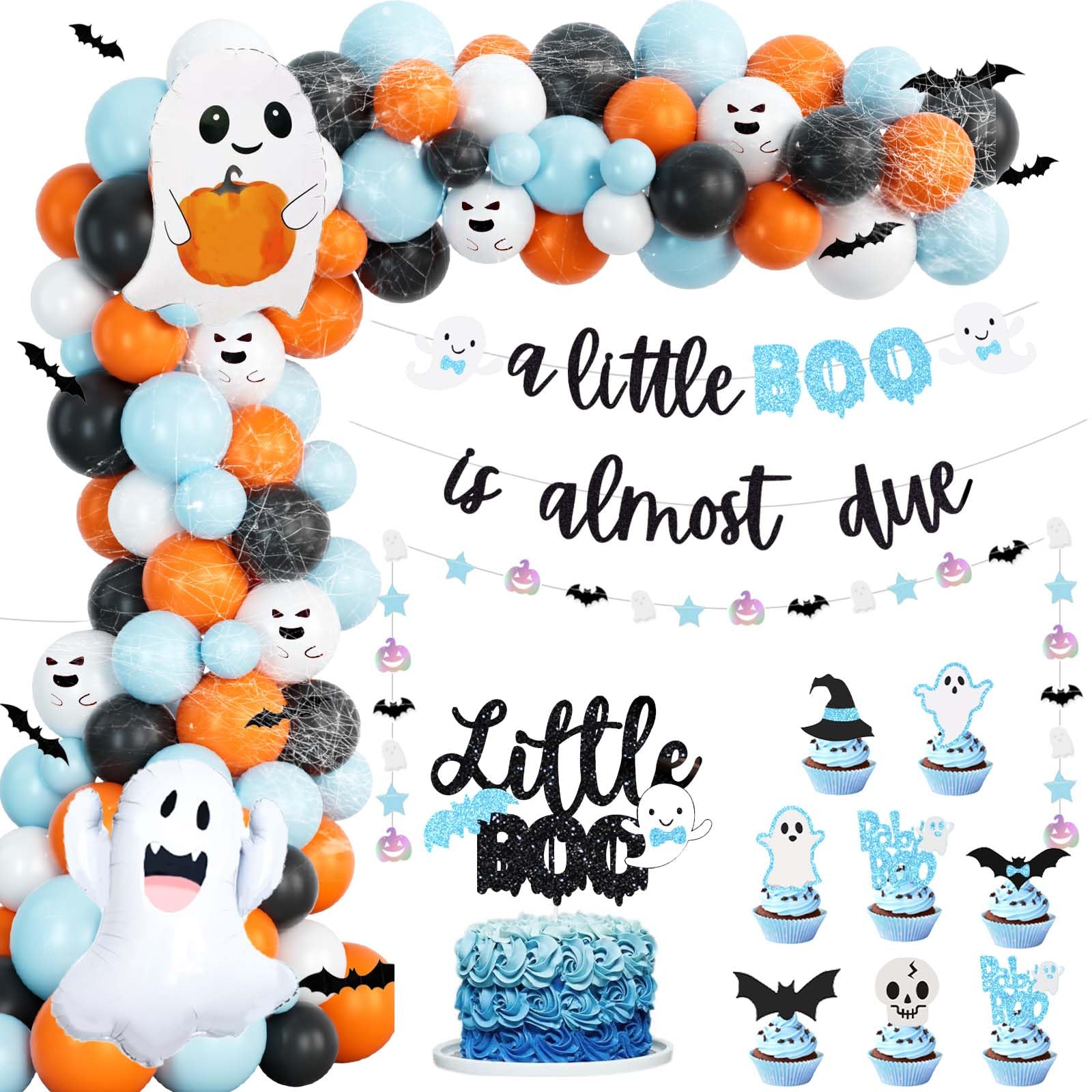 Fiesec Halloween Baby Shower Decorations for Boys Blue Orange Black, A Little Boo Is Almost Due Baby Shower Boy with Balloon Garland Arch Kit Banner Cake Cupcake Topper Ghost Bat Cutout