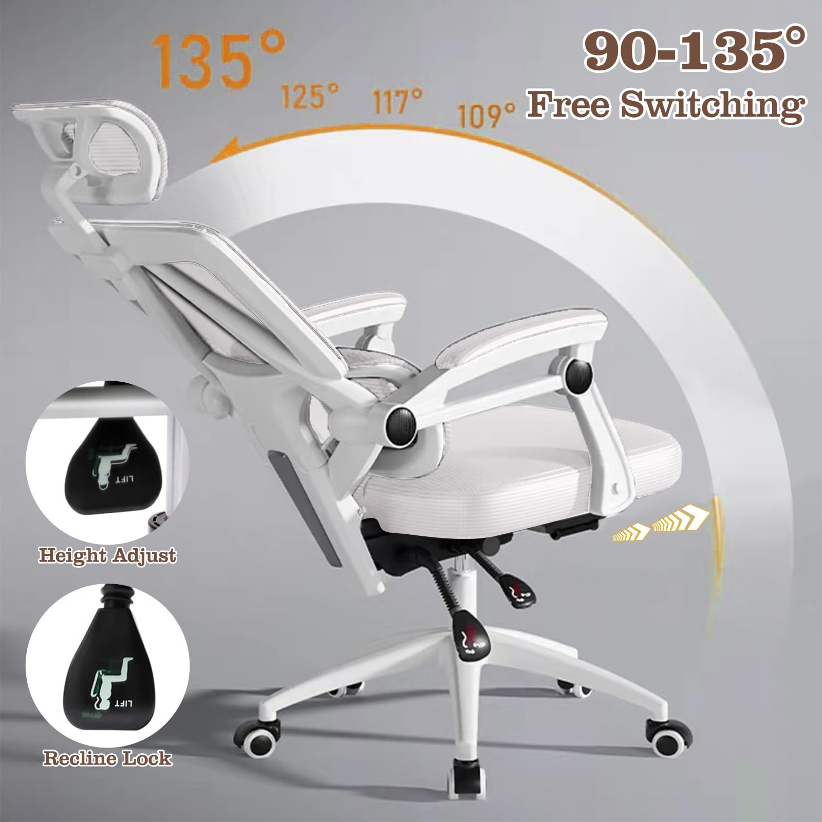 HDHNBA Ergonomic Home Office Chair Work Swivel Chairs with Wheels, Breathable Mesh Back Gaming Chair Adjustable Headrest White Desk Chair