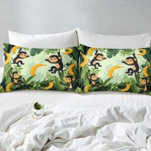 Erosebridal Monkey Bananas Bedding Set for Kids Toddler Nursery Cute Zoo Animal Comforter Cover, Botanical Leaves Palm Leaf Duvet Cover Nature Wildlife Bed Cover Twin Size with 1 Pillowcase