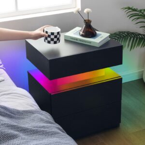 Bingoday LED Nightstand Black Modern Night Stand with 3 Drawers LED Bedside Tables for Bedroom End Tables with LED Strip Lights (Black)