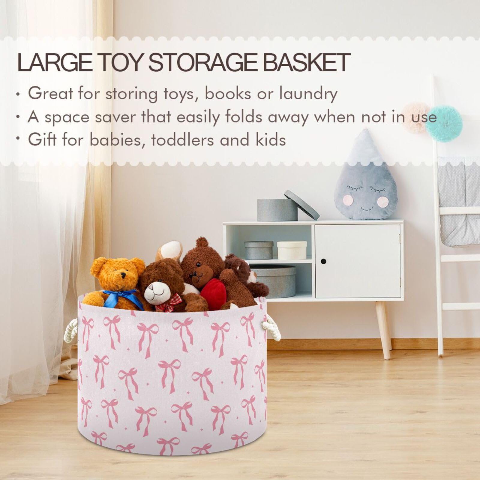 Krafig Cute Ribbon Bow Round Collapsible Storage Basket, Large Toy Storage, Laundry Baskets, Open Home Storage Bins for Toy Organizer, Home Decor, Clothes, Toys