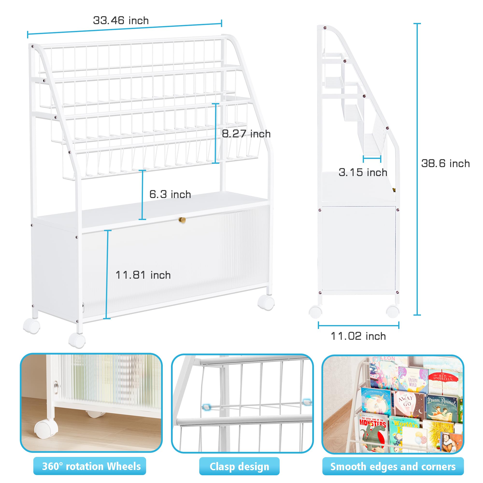 BXINREDA Kids Bookshelf and Toy Storage, White Book Shelf Rack Kids Bookcase Magazine Organizer for Kids Rooms Playroom Classroom or Bedroom