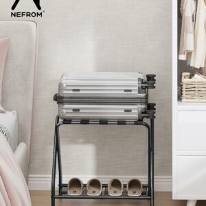 NEFROM Luggage Rack Pack of 2, Foldable Suitcase Stand with Storage Shelf, Metal Luggage Holder for Guest Room, Bedroom, Hotel LR-BK-2