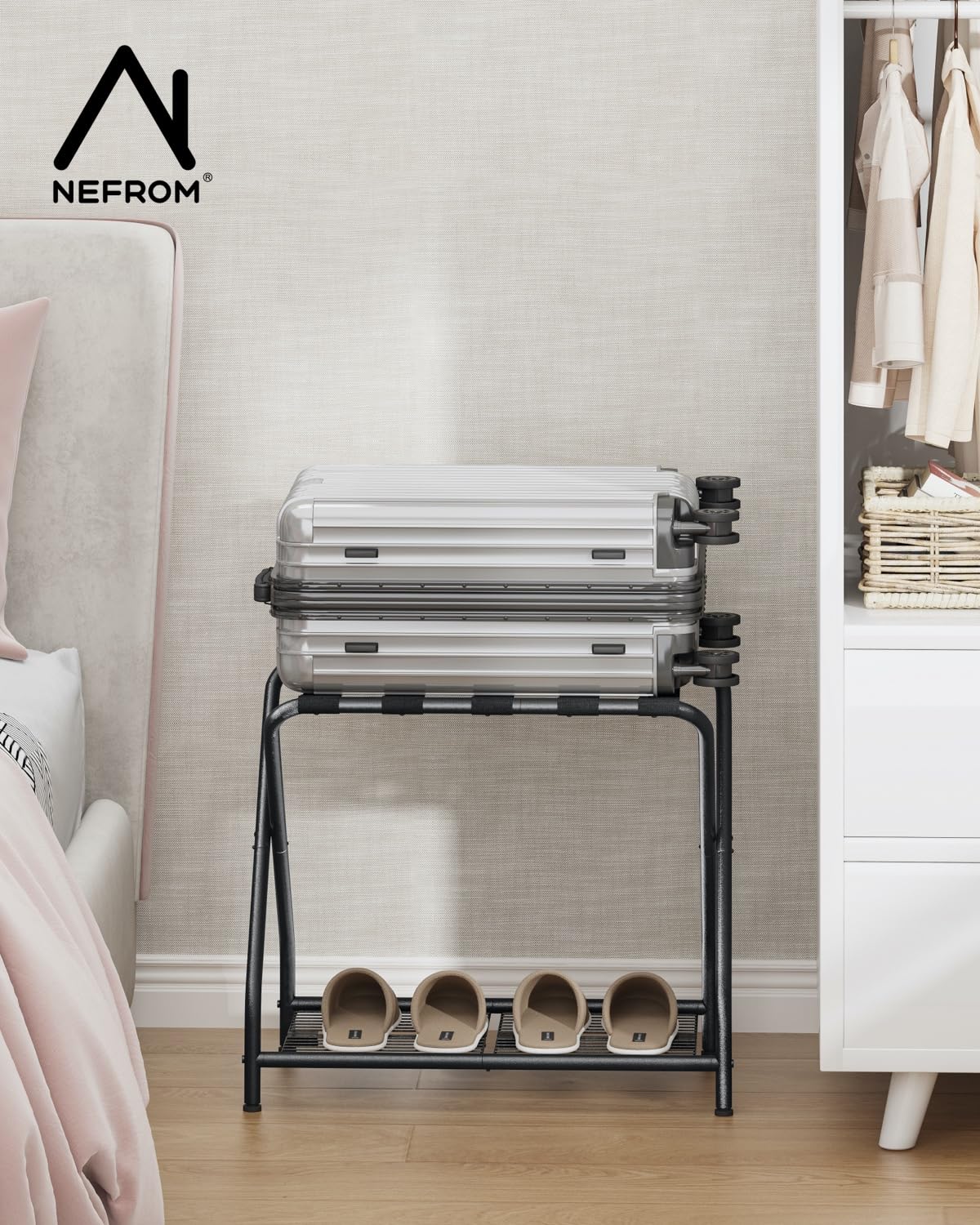 NEFROM Luggage Rack Pack of 2, Foldable Suitcase Stand with Storage Shelf, Metal Luggage Holder for Guest Room, Bedroom, Hotel LR-BK-2