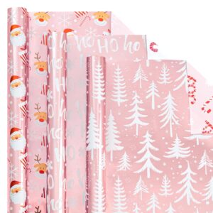 afucus reversible pink christmas wrapping paper, christmas tree, joy candy cane, snowflake, reindeer, and ho santa laughter themed gift wrap paper, mini rolls for christmas (17 inch x 120 inch)