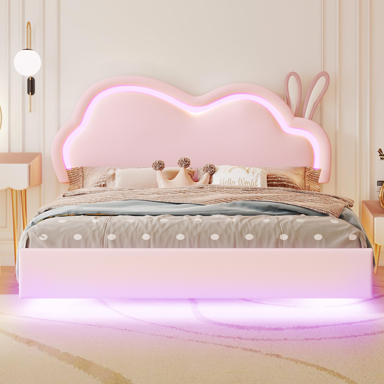 Jocisland LED Twin Bed Frame for Girls Upholstered Floating Bed with Cute Cloud Headboard, No Box Spring Needed, Leather, Pink