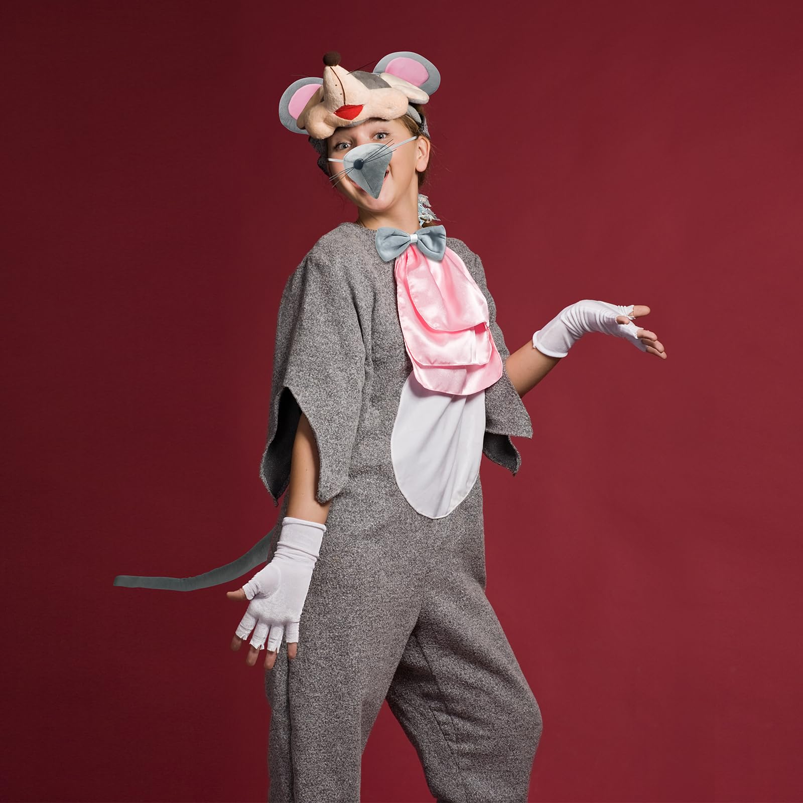 CASW Mouse Costume Ears-Headband-Tail-Nose-Bow-Tie Accessories Set : Standing Up Grey and Pink Ears Headband and Tail, Bow Tie Mouse Halloween Accessories Set - for Toddlers and Kids