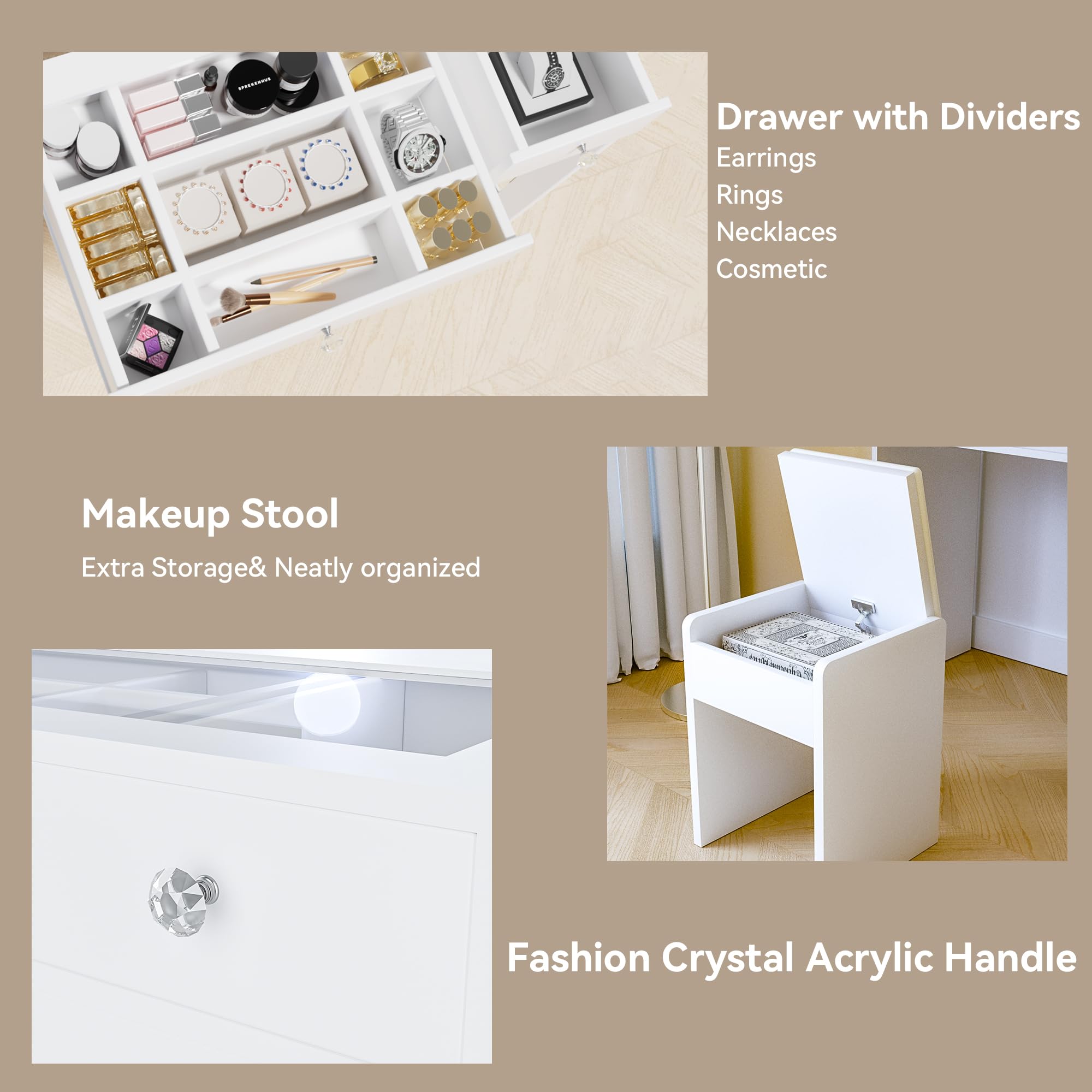 Jaojcoe Makeup Vanity Desk with Lights Mirror, White Vanity with Glass Top & 2 Drawers & 2-Tier Cabinet, 3 Light Settings & Charging Station & Upholstered Stool Dressing Table for Bedroom