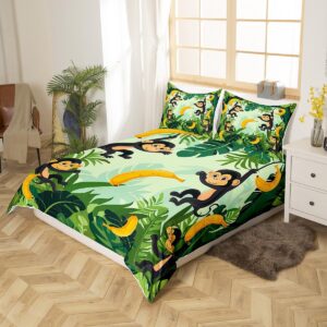 Erosebridal Monkey Bananas Bedding Set for Kids Toddler Nursery Cute Zoo Animal Comforter Cover, Botanical Leaves Palm Leaf Duvet Cover Nature Wildlife Bed Cover Twin Size with 1 Pillowcase