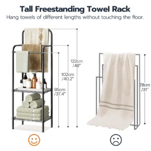 HOOBRO 48" Tall Free Standing Towel Rack for Bathroom, 3 Tier Blanket Rack with 2 Adjustable Shelves, Pool Towel Drying and Display Rack, Quilt Rack, for Living Room, Bedroom, Outdoor, Black BK23LB01