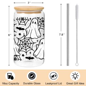 Lovearth 16oz Halloween Ghost Glass Tumbler, Spider Web Halloween Glass Cup with Lid and Straw, Cute Halloween Bats Cup, Spooky Gifts, Boo Basket Stuffers for Women, Gifts for Halloween Lovers