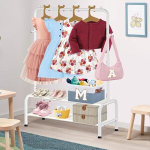 Kids Clothing Rack - Kids Dress Up Clothes Storage Racks - Baby Toddler Clothes Rack - Small Kids Costume Wardrobe Rack with 2 Fabric Floors Storage Shelf - Mini Short Kids Clothing Garment Rack