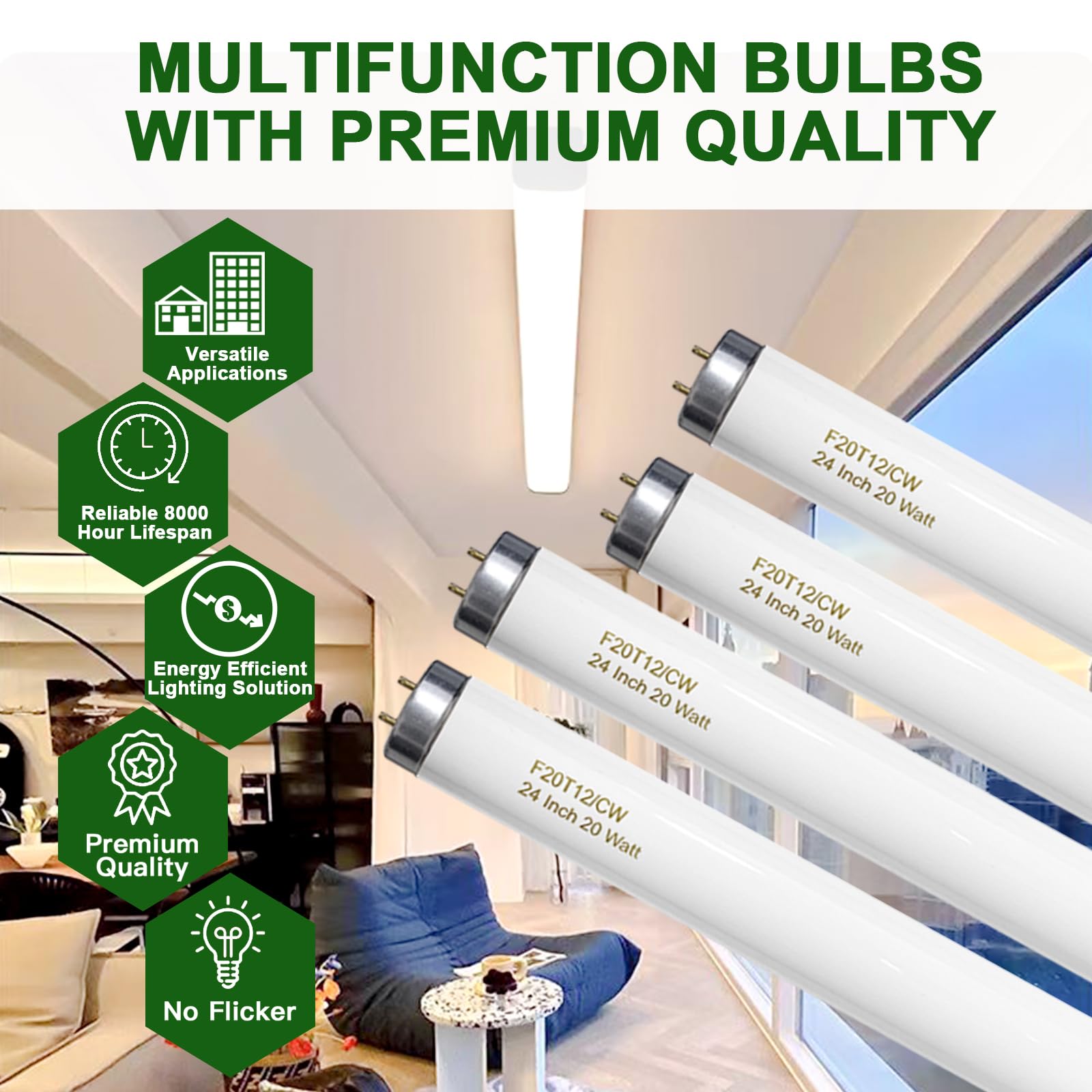 F20T12/CW 20 Watt Light Bulb Cool White, 24 Inch T12 Fluorescent Tube 20W Compatible with Philips Sylvania GE Light Fixture G13 Cap 4 Count