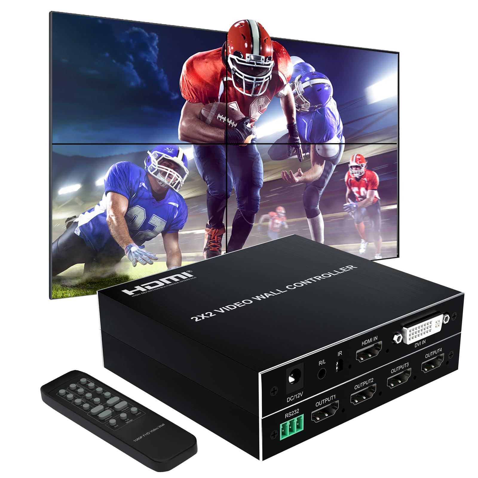 FENIXFIT 2x2 Video Wall Controller HDMI & DVI Support 4K Input 2x1, 1x2, 1x3, 3x1, 1x4, 4x1 Supports 180 Degree Rotate IR Remote & RS232 Control 1080P Output 60Hz LED Video Wall Controller Processor