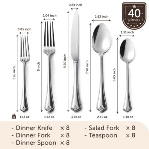 KINGSTONE Silverware Set, 40-piece 18/10 Stainless Steel Flatware Set Cutlery Set for 8, for Kitchen, Home, Wedding, Party, Mirror Polished and Dishwasher Safe, Featured Gifts