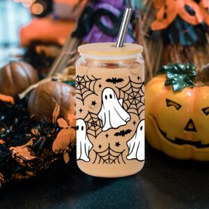 Lovearth 16oz Halloween Ghost Glass Tumbler, Spider Web Halloween Glass Cup with Lid and Straw, Cute Halloween Bats Cup, Spooky Gifts, Boo Basket Stuffers for Women, Gifts for Halloween Lovers