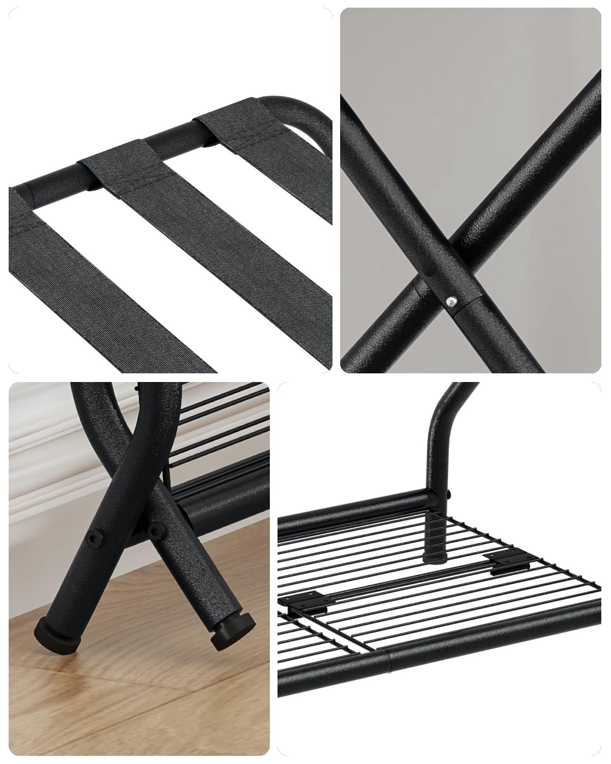 NEFROM Luggage Rack Pack of 2, Foldable Suitcase Stand with Storage Shelf, Metal Luggage Holder for Guest Room, Bedroom, Hotel LR-BK-2