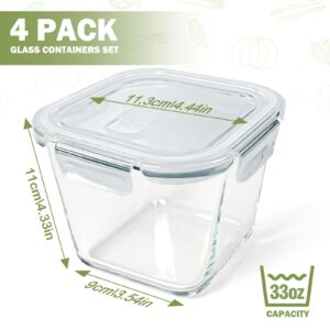 Glass Soup Containers with Lids Square, 4 Cup Glass Storage Containers for Lunch, Glass Freezer Safe Food Storage Jars for Salad, Fruit and Ice Cream, Glass Meal Prep Bowl Reusable Microwavable 32 oz