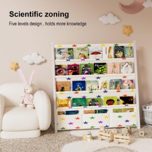 ZHOOGE Kids Bookshelf Book Rack Storage, Metal Book Rack Organizer Bookcase Bookstore Library Book Unit Storage Toddler Book Shelf Display for Nursery or Kids Room (5-Tier/ 30 in, White)