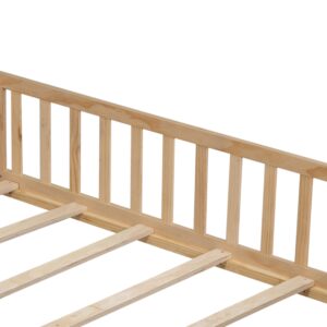 Bellemave Floor Bed Full Size Montessori Bed Frame with Fence and Door, Wooden Full Platform Bed for Kids, Boys Girls, Solid Wood Full Bed, No Box Spring Needed,Natural