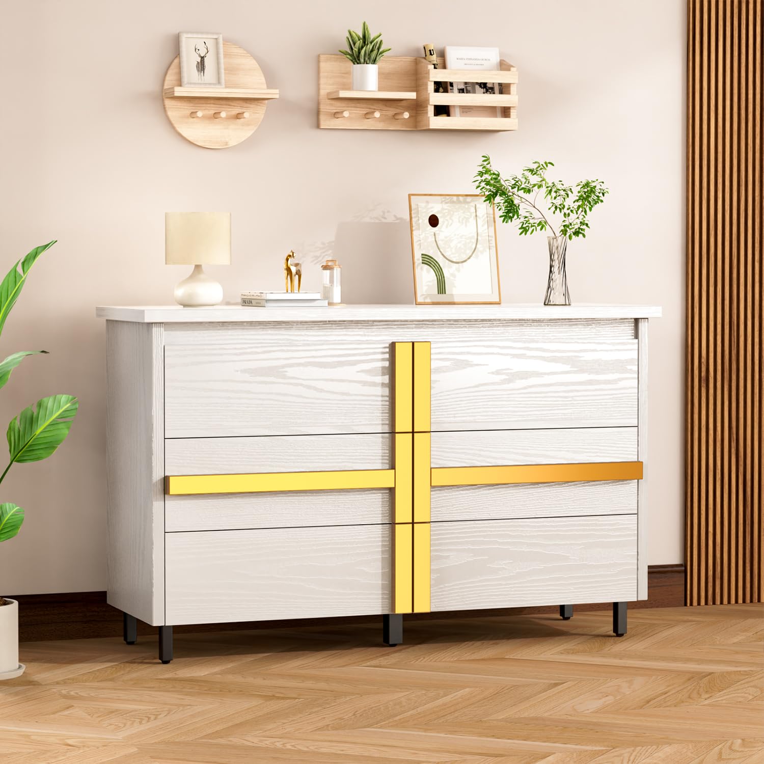 VOPEAK White Dresser for Bedroom, Wood Dresser, 6 Drawer Dresser with Gold Handle, Modern Large & Long Dresser for Cloth Storage, TV Stand Dresser,Chest of Drawers for Clost, Living Room, Nursery.