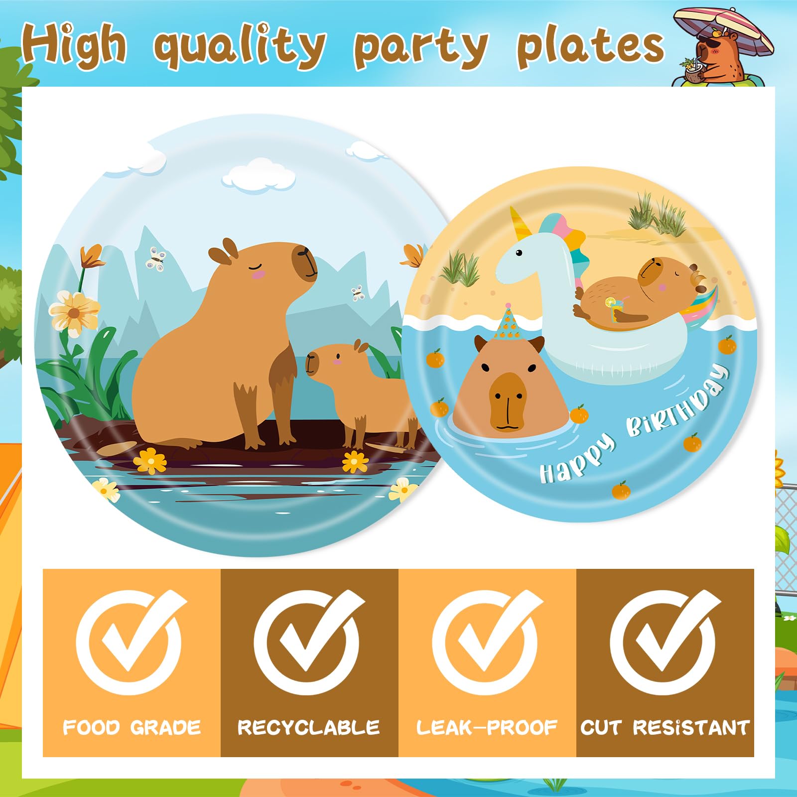 Joybileefun Capybara Birthday Decorations Party Supplies 96PCS Cute Capybara Plates and Napkins Tableware Set Animal Birthday Party Decorations Supplies for Baby Shower Kids Teens Serves 24 Guests