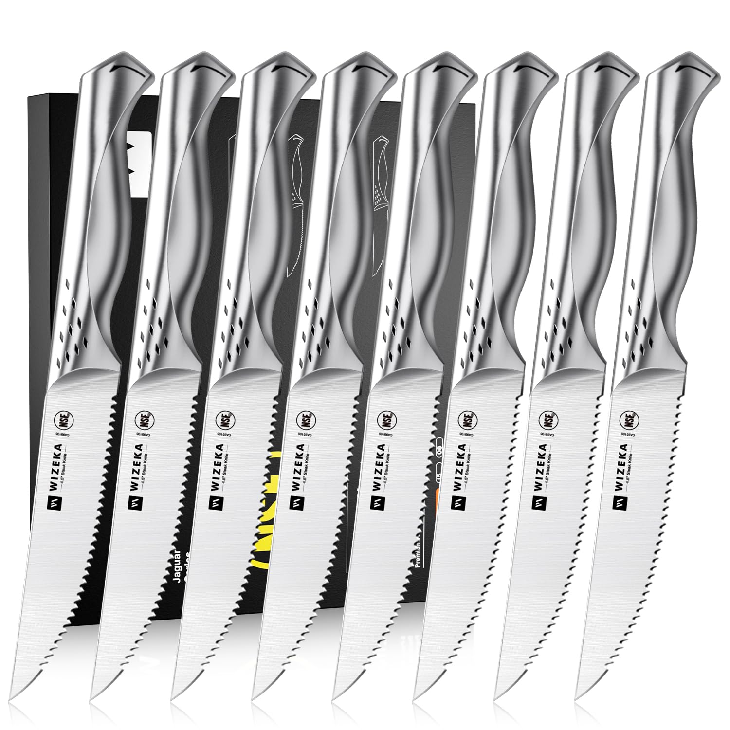 WIZEKA Steak Knives Set of 8, Dishwasher Safe Serrated Steak Knives 4.5 Inches, German Stainless Steel Kitchen Knives of Steak, Jaguar Series