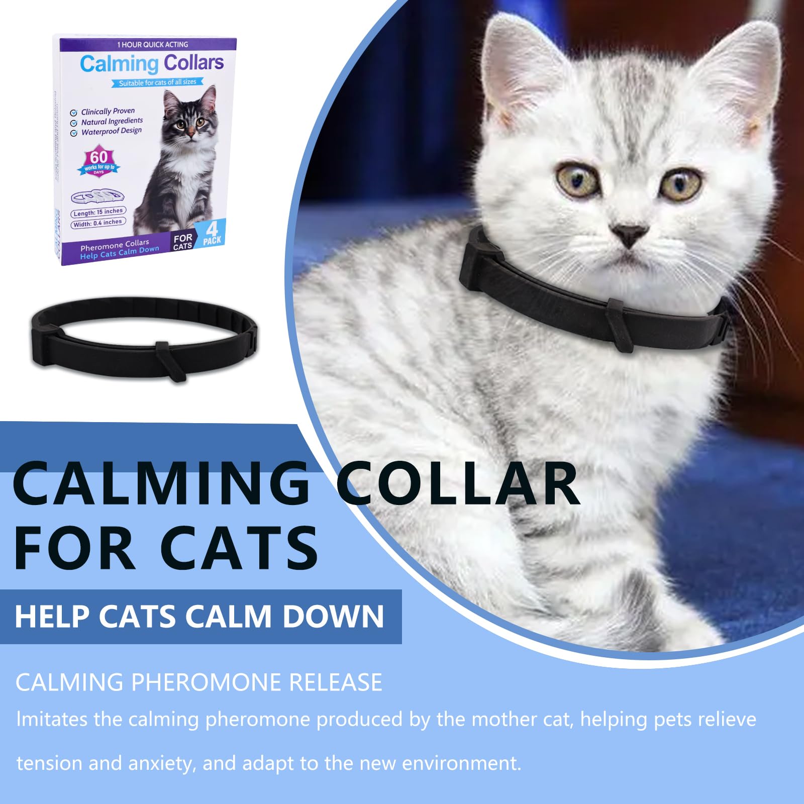 Calming Collar for Cats 4 Pack Cat Anxiety Relief and Stress Lasts 60 Days Cat Calming Collar Calming Pheromone Collar for Cats Cat Pheromone Collar Adjustable Size for All Cats(Black)