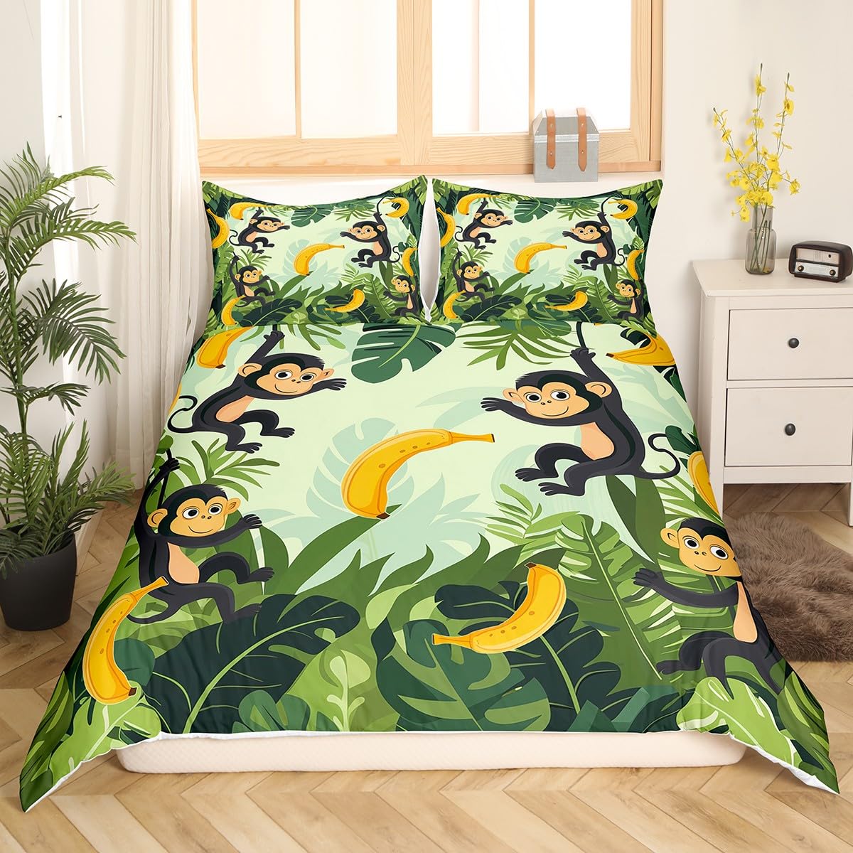 Erosebridal Monkey Bananas Bedding Set for Kids Toddler Nursery Cute Zoo Animal Comforter Cover, Botanical Leaves Palm Leaf Duvet Cover Nature Wildlife Bed Cover Twin Size with 1 Pillowcase