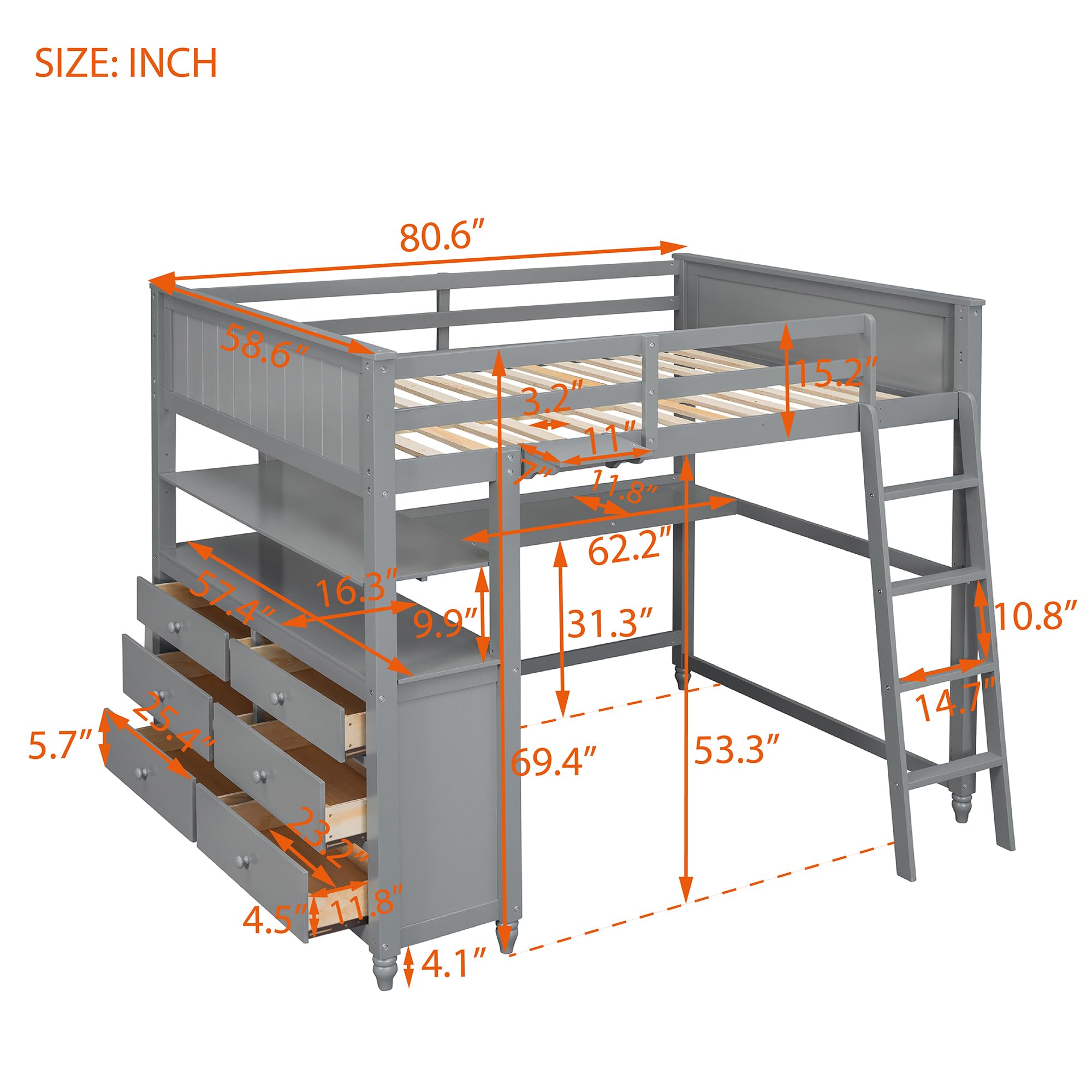 Full Size Loft Bed with Desk and Storage Drawers, Wood Loft Bed Frame with Shelves and Ladder for Kids Adults Boys Girls Teens, Gray