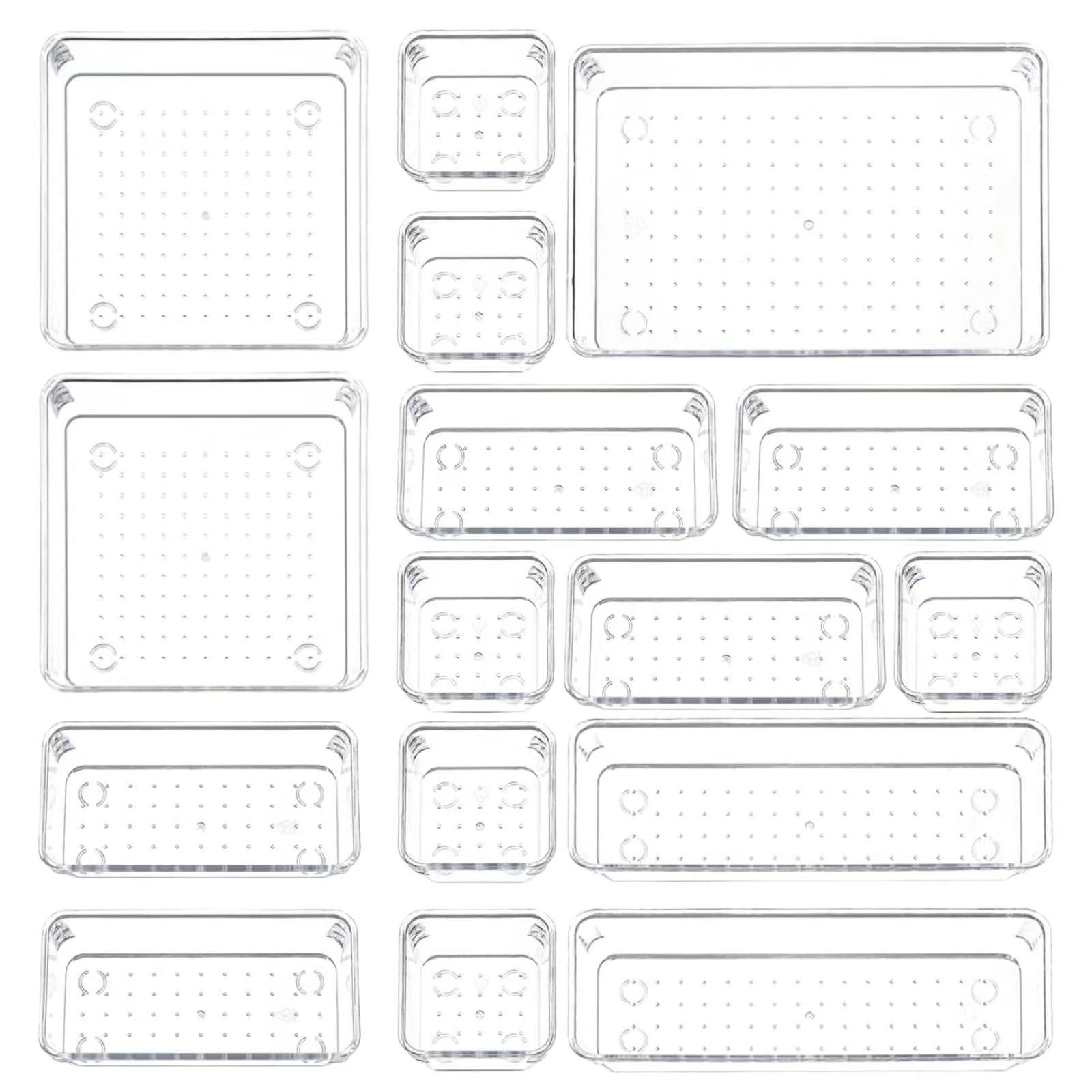 Fowzqv 16-Piece Non-Slip Clear Drawer Organizer, Versatile 5-Size Clear Desk Storage Trays for Makeup, Jewelry, and Utensils - Perfect for Bedroom, Office, and Kitchen