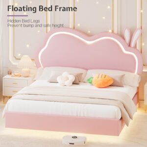 Jocisland LED Twin Bed Frame for Girls Upholstered Floating Bed with Cute Cloud Headboard, No Box Spring Needed, Leather, Pink