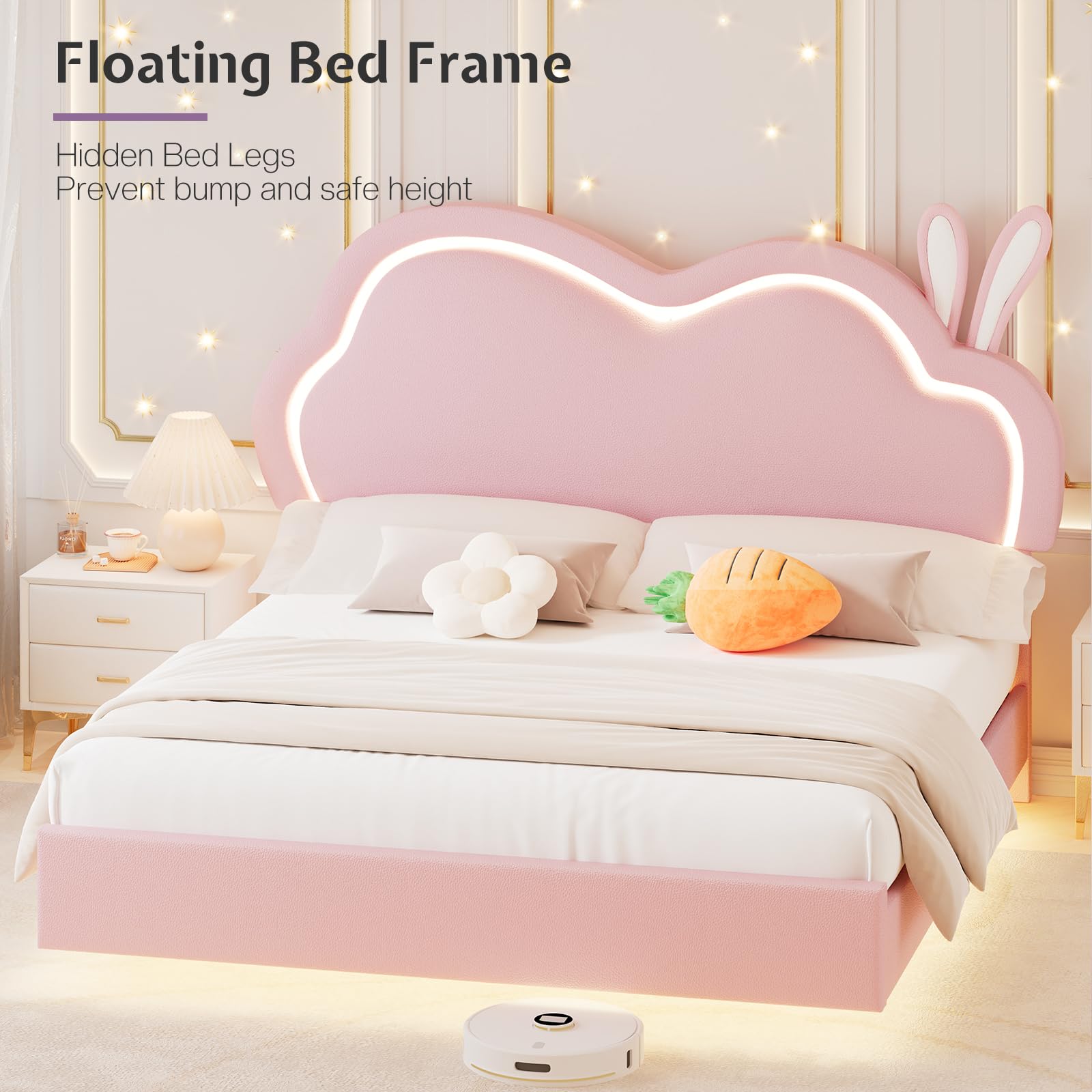 Jocisland LED Twin Bed Frame for Girls Upholstered Floating Bed with Cute Cloud Headboard, No Box Spring Needed, Leather, Pink