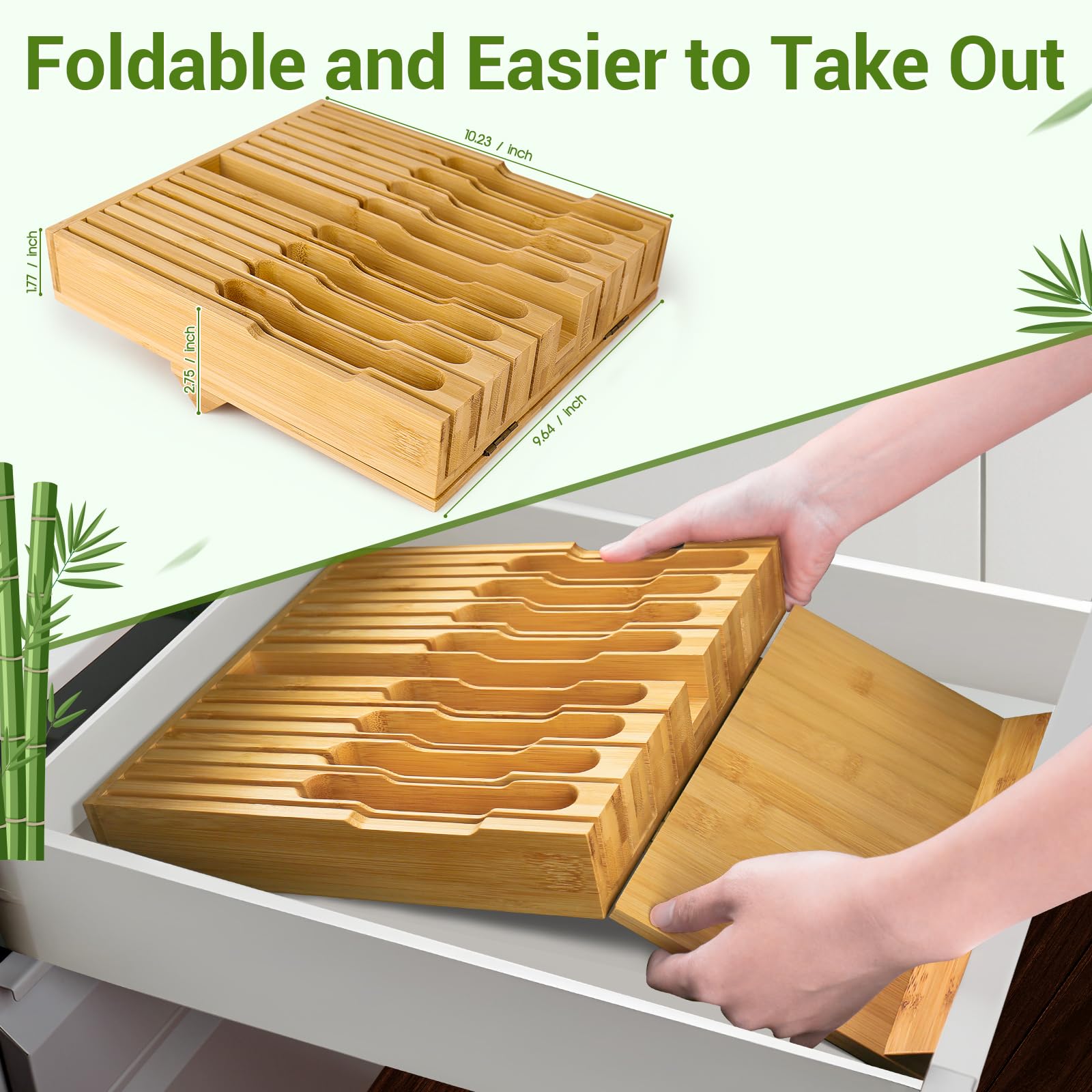 Woodfinity Bamboo Knife Drawer Organizer, Knife Drawer Organizer Insert, Kitchen Drawer Knife Holder for 12 Knives and and 1 Sharpening Steel (Without Knives)