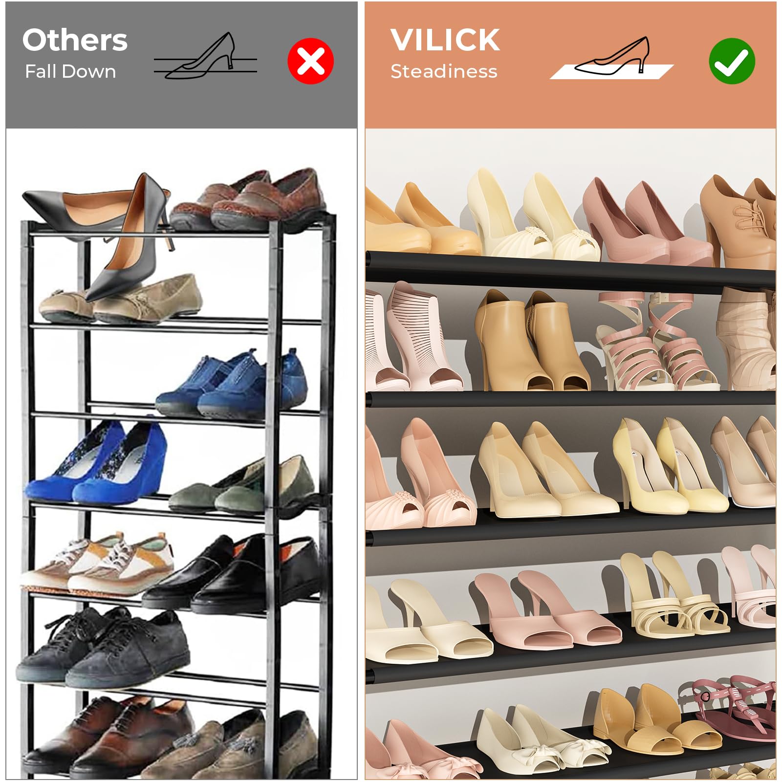 VILICK 11 Tiers Tall Wide Shoe Rack 55 Pairs Large Capacity Sturdy Durable Shoe Rack for Closet Metal Shoe Organizer Shelf with Two Hooks Space Saving for Entryway Black