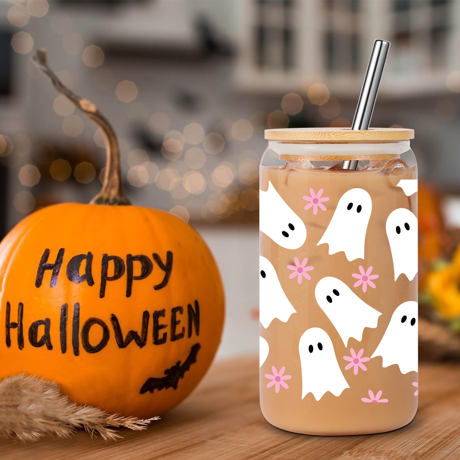 Lovearth Boho Ghost Iced Coffee Cup, 16oz Halloween Glass Cup with Lid and Straw, Ghost Daisy Coffee Tumbler, Fall Cup, Spooky Gifts, Halloween Lover Gifts, Boo Basket Stuffers for Women, Teens