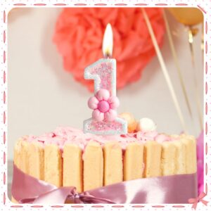 Zi Lan Birthday Candle for Girl, Pink Gerbera Daisy Flower 1st Birthday Party Decorations, Number 1 Cake Candle, Pink Sequin Birthday Cake Toppers for Baby Shower Anniversary Party Celebration supplie