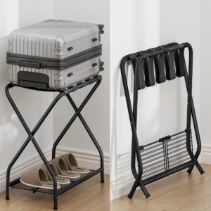 NEFROM Luggage Rack Pack of 2, Foldable Suitcase Stand with Storage Shelf, Metal Luggage Holder for Guest Room, Bedroom, Hotel LR-BK-2