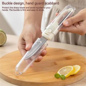 Multifunctional 2-in-1 Fruit Knife, Stainless Steel Fruit Knife with Built-in Peeler and Protective Case, Suitable for Picnics, Camping and Travel. (White)