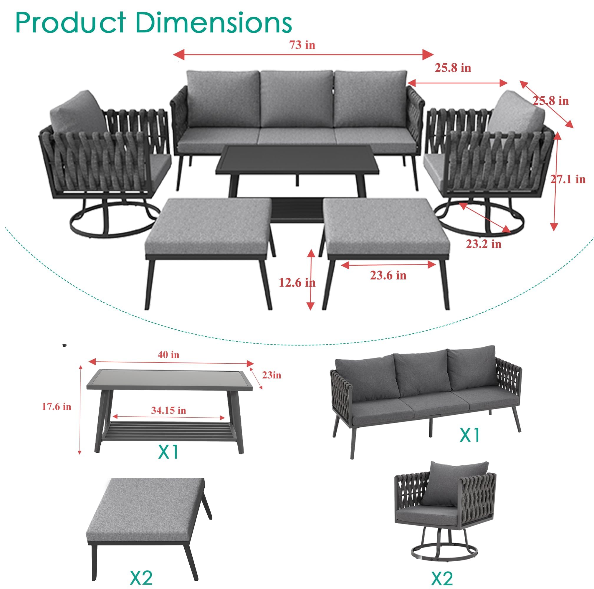 HOMREST 6 Pieces Metal Patio Furniture Set, Outdoor Aluminum Furniture w/ 2 Swivel Chairs, Ottoman, Coffee Table, Woven Rope Modern Patio Conversation Set for Balcony, Garden, Yard (7 Seats, Grey)