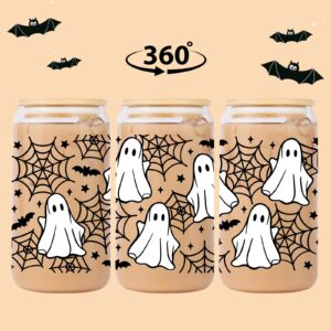 Lovearth 16oz Halloween Ghost Glass Tumbler, Spider Web Halloween Glass Cup with Lid and Straw, Cute Halloween Bats Cup, Spooky Gifts, Boo Basket Stuffers for Women, Gifts for Halloween Lovers